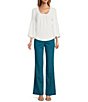 Color:Whitewash - Image 3 - Still Woven 3/4 Bishop Sleeve Pleated Scoop Neck Top