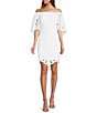 Color:White - Image 1 - Sweet Off-the-Shoulder 3/4 Balloon Sleeve Scallop Hem Eyelet Sheath Dress