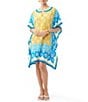 Color:Multi - Image 1 - Theodora Floral Print Silk Split Round Neck Dolman Sleeve Caftan Dress
