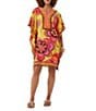 Color:Key Lime Multi - Image 1 - Theodora Silk Placed Print V-Neck Short Dolman Sleeve Caftan Dress