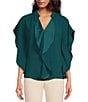 Color:Greenwich Green - Image 1 - Tompkins Square Woven V-Neck Short Dolman Sleeve Ruffled Top