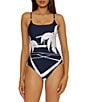 Trina Turk Trina Tennis Scenic Print Square Neck One Piece Swimsuit, Color:Ink - Image 1