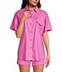 Color:Piazza Pink - Image 1 - Vara Linen-Blend Point Collar Short Sleeve Cargo Pocket Coordinating Button Front Top
