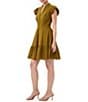 Color:Sorrento Sage - Image 1 - Vignola Cotton Voile Mandarin Collar V-Neck Cap Sleeve Ruffle Tiered A-Line Dress
