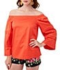 Color:Ferry Red - Image 1 - Wavey Organic Cotton Off-the-Shoulder Long Wide Sleeve Top
