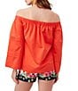 Color:Ferry Red - Image 2 - Wavey Organic Cotton Off-the-Shoulder Long Wide Sleeve Top