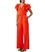 Color:Reef Red - Image 1 - Weston Jersey Surplice V-Neck Ruffle Sleeve Jumpsuit