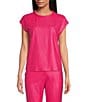 Color:Pink Paradise - Image 1 - Woven Twill High Crew Neck Cap Sleeve Boxy Tonal Stitching Field Top