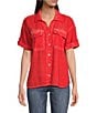 Color:Red - Image 1 - Button Front Woven Short Sleeve Top