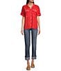 Color:Red - Image 3 - Button Front Woven Short Sleeve Top