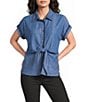 Tru Luxe Jeans Chambray Point Collar Short Sleeve Tie Front Shirt - Image 1