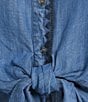 Tru Luxe Jeans Chambray Point Collar Short Sleeve Tie Front Shirt - Image 4