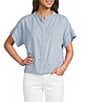 Tru Luxe Jeans Chambray Stand Collar Short Sleeve Hidden Button Front Top - Image 1
