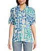 Color:Blue Print - Image 1 - Crinkle Knit Placed Print Collared High-Low Button Front Shirt