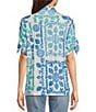 Color:Blue Print - Image 2 - Crinkle Knit Placed Print Collared High-Low Button Front Shirt