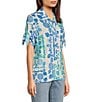 Color:Blue Print - Image 3 - Crinkle Knit Placed Print Collared High-Low Button Front Shirt