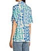 Color:Blue Print - Image 4 - Crinkle Knit Placed Print Collared High-Low Button Front Shirt