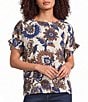 Tru Luxe Jeans Dobby Floral Print Scoop Neck Short Sleeve Popover - Image 1