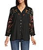 Tru Luxe Jeans Embroidered Point Collar 3/4 Dolman Sleeve Button Front Shirt, Color:Black - Image 1