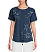 Color:Celestial Blue - Image 1 - Embroidered Star Crew Neck Short Sleeve Top