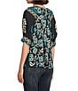 Tru Luxe Jeans Floral Border Print Split V-Neck Elbow Sleeve Top, Color:Multi - Image 4