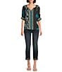Tru Luxe Jeans Floral Border Print Split V-Neck Elbow Sleeve Top, Color:Multi - Image 5