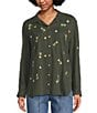 Tru Luxe Jeans Floral Embroidered Point Collar Roll Tab Sleeve Button Front Shirt, Color:Multi - Image 3
