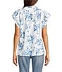 Tru Luxe Jeans Floral Linen Blend Ruffle Split V-Neck Flutter Sleeve Blouse, Color:Blue - Image 2