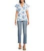 Tru Luxe Jeans Floral Linen Blend Ruffle Split V-Neck Flutter Sleeve Blouse, Color:Blue - Image 3