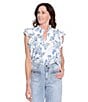 Tru Luxe Jeans Floral Linen Blend Ruffle Split V-Neck Flutter Sleeve Blouse, Color:Blue - Image 5