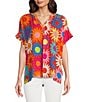 Color:Multi - Image 1 - Floral Print Embroidery Short Sleeve Split-V Neck High-Low Hem Top