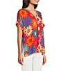 Color:Multi - Image 3 - Floral Print Embroidery Short Sleeve Split-V Neck High-Low Hem Top
