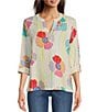 Color:Multi - Image 1 - Floral Printed Y-Neck 3/4 Roll Tab Sleeve Gauze Tunic