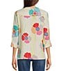 Color:Multi - Image 2 - Floral Printed Y-Neck 3/4 Roll Tab Sleeve Gauze Tunic