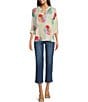 Color:Multi - Image 3 - Floral Printed Y-Neck 3/4 Roll Tab Sleeve Gauze Tunic