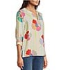Color:Multi - Image 4 - Floral Printed Y-Neck 3/4 Roll Tab Sleeve Gauze Tunic