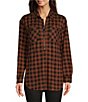Color:Brown Print - Image 1 - Jersey Checked Print Point Collar Long Sleeve Zipper Top