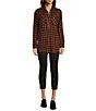 Color:Brown Print - Image 3 - Jersey Checked Print Point Collar Long Sleeve Zipper Top