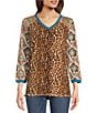 Color:Multi - Image 1 - Jersey Knit Mixed Animal Print V-Neck 3/4 Sleeve Top