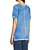 Color:Blue - Image 4 - Knit Reverse Print Bateau Neck Front Patch Pocket Short Sleeve Top