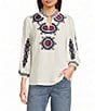 Tru Luxe Jeans Linen Split Stand Collar 3/4 Sleeve Embroidered Top - Image 1