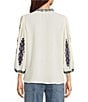 Tru Luxe Jeans Linen Split Stand Collar 3/4 Sleeve Embroidered Top - Image 2