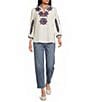 Tru Luxe Jeans Linen Split Stand Collar 3/4 Sleeve Embroidered Top - Image 3
