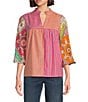 Tru Luxe Jeans Mix Print 3/4 Balloon Sleeve Popover Top, Color:Multi - Image 1