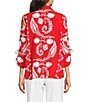 Tru Luxe Jeans Placed Print Point Collar 3/4 Ruched Sleeve Button Front Tunic, Color:Red - Image 2