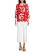 Tru Luxe Jeans Placed Print Point Collar 3/4 Ruched Sleeve Button Front Tunic, Color:Red - Image 3
