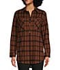 Color:Tobacco - Image 1 - Plaid Print Point Collar Long Sleeve Front Zipper Placket Knit Shirt