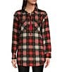 Color:Barn Red - Image 1 - Plaid Print Point Collar Long Sleeve Front Zipper Placket Knit Shirt