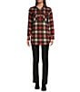Color:Barn Red - Image 3 - Plaid Print Point Collar Long Sleeve Front Zipper Placket Knit Shirt