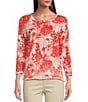 Color:Red - Image 1 - Reverse Jersey Knit Tonal Leaf Print Scoop Neck 3/4 Sleeve Pullover Top